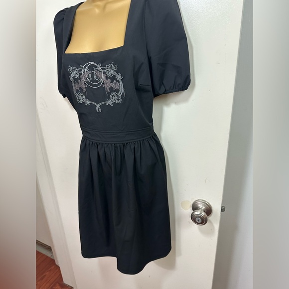 Disturbia Black Vampyrum Bat Embroidered Puff Sleeve Babydoll Mini Dress NWT 8 - Picture 6 of 16